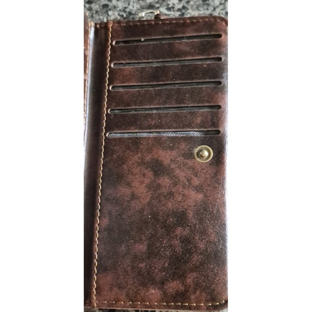 Vintage Hand Tooled Brown Boho Design Leather Wristlet Wallet - Picture 5 of 9